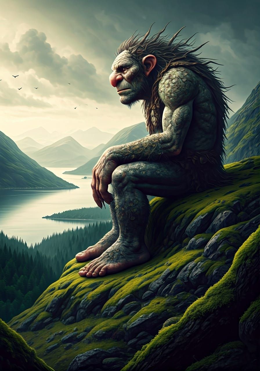 Epic Troll Overlooking Nordic Fjord Landscape