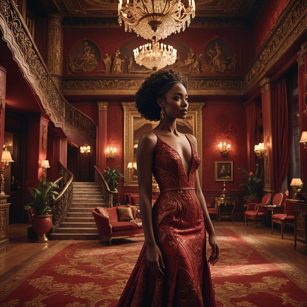 Woman in Red Dress in Opulent Living Room
