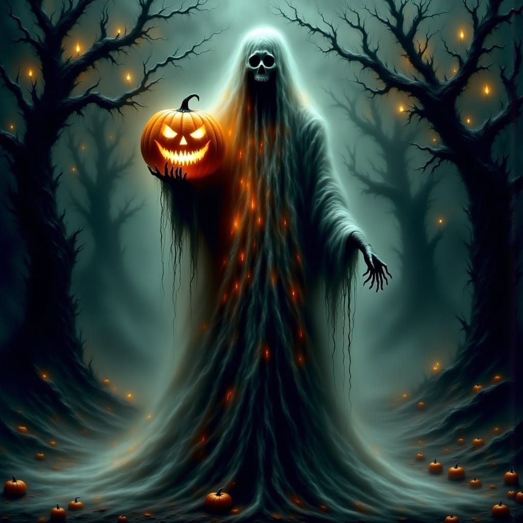 Headless Ghost with Jack-o-Lantern in Dark Surrealism