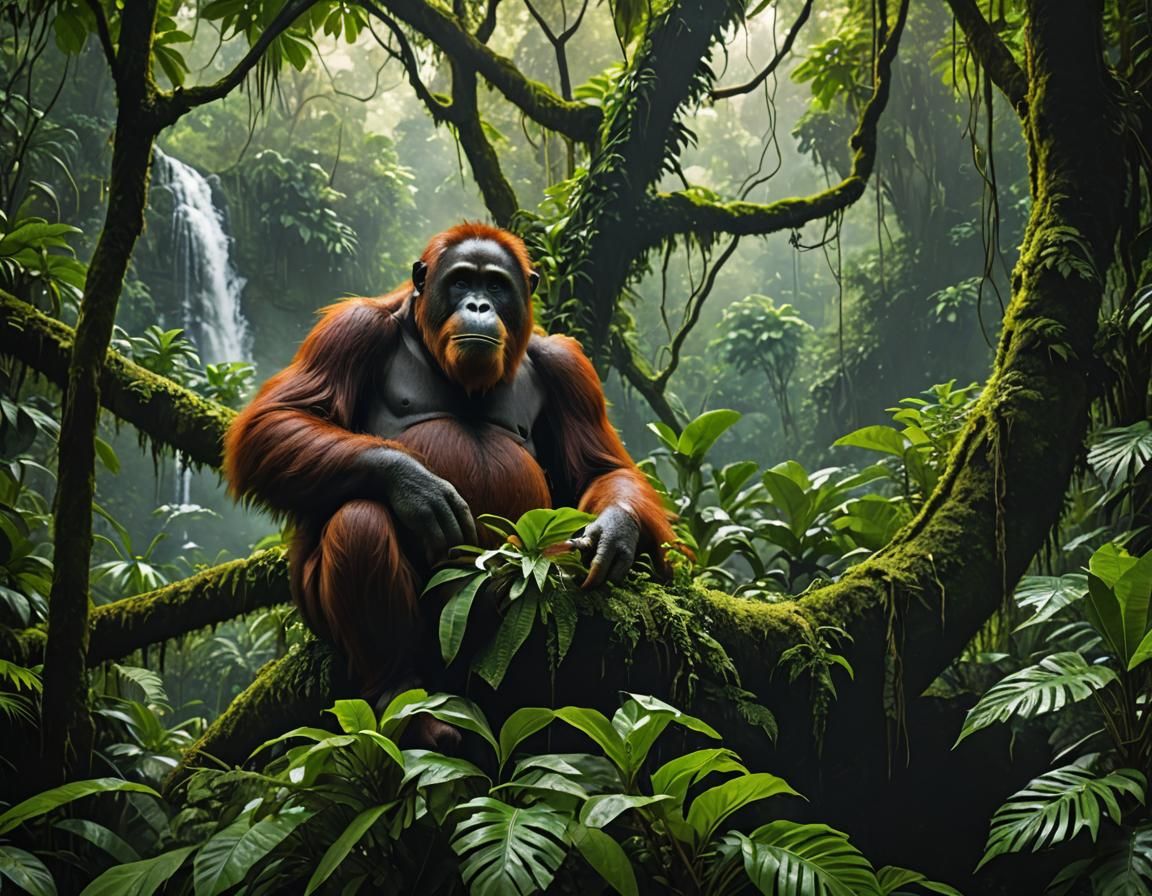 Orangutan in Lush Rainforest, Photorealistic Digital Art
