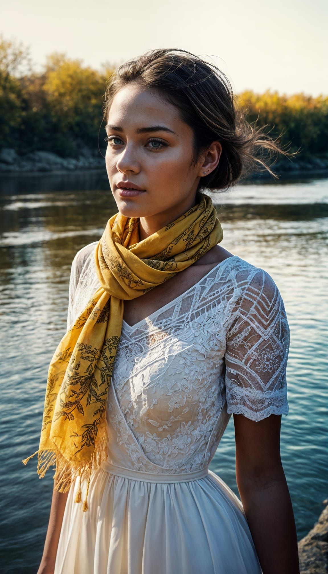 Vibrant Hyperrealistic Portrait of a Young Woman by the Rive...