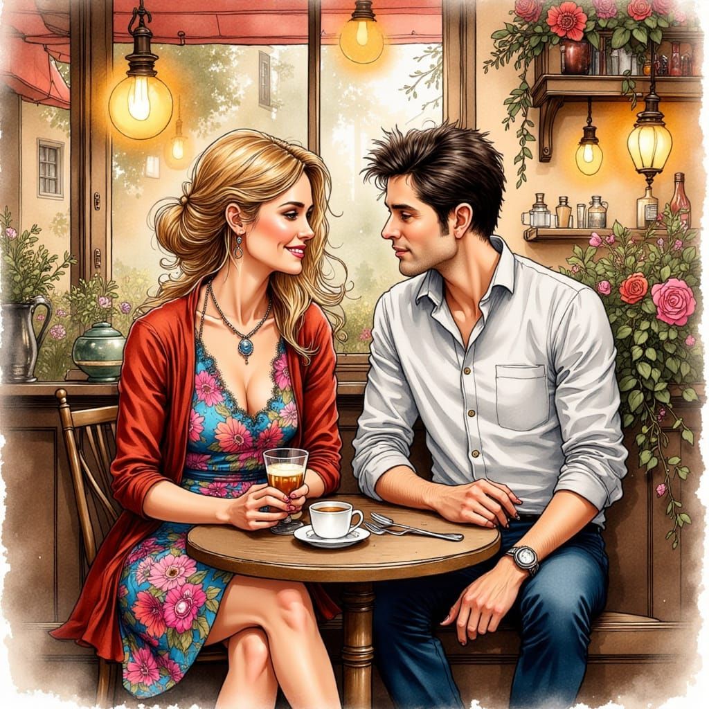 Couple at Parisian Café in Whimsical Illustration Style