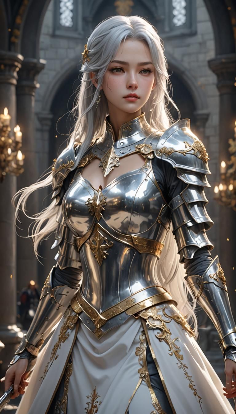 Anime Female Knight in White and Gold Gown
