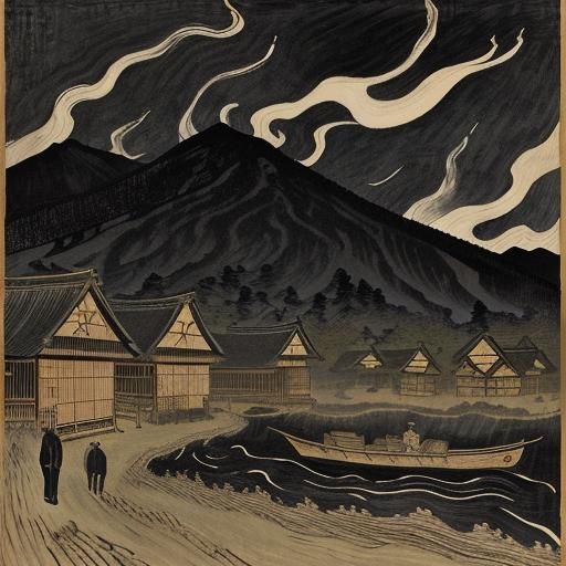 Ukiyo-e Travelers on a Smoke-Filled Road
