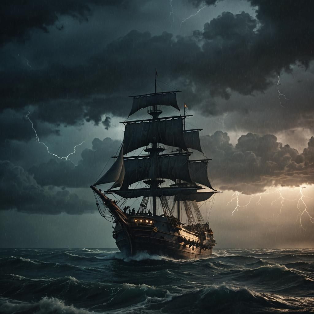 Cursed Ship Neptune's Library in Stormy Sea