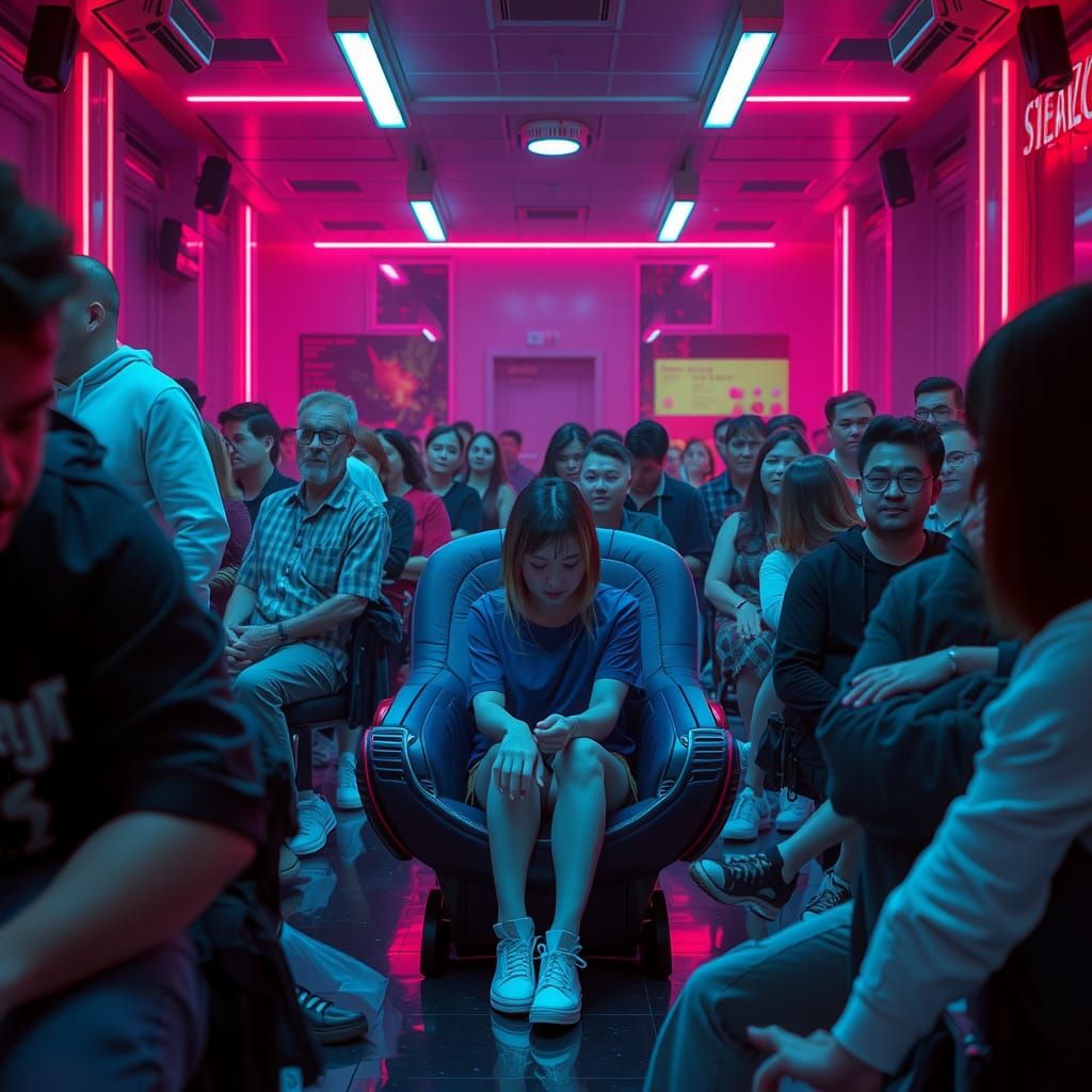 Overwhelmed Girl in Crowded Room, Synthwave Style