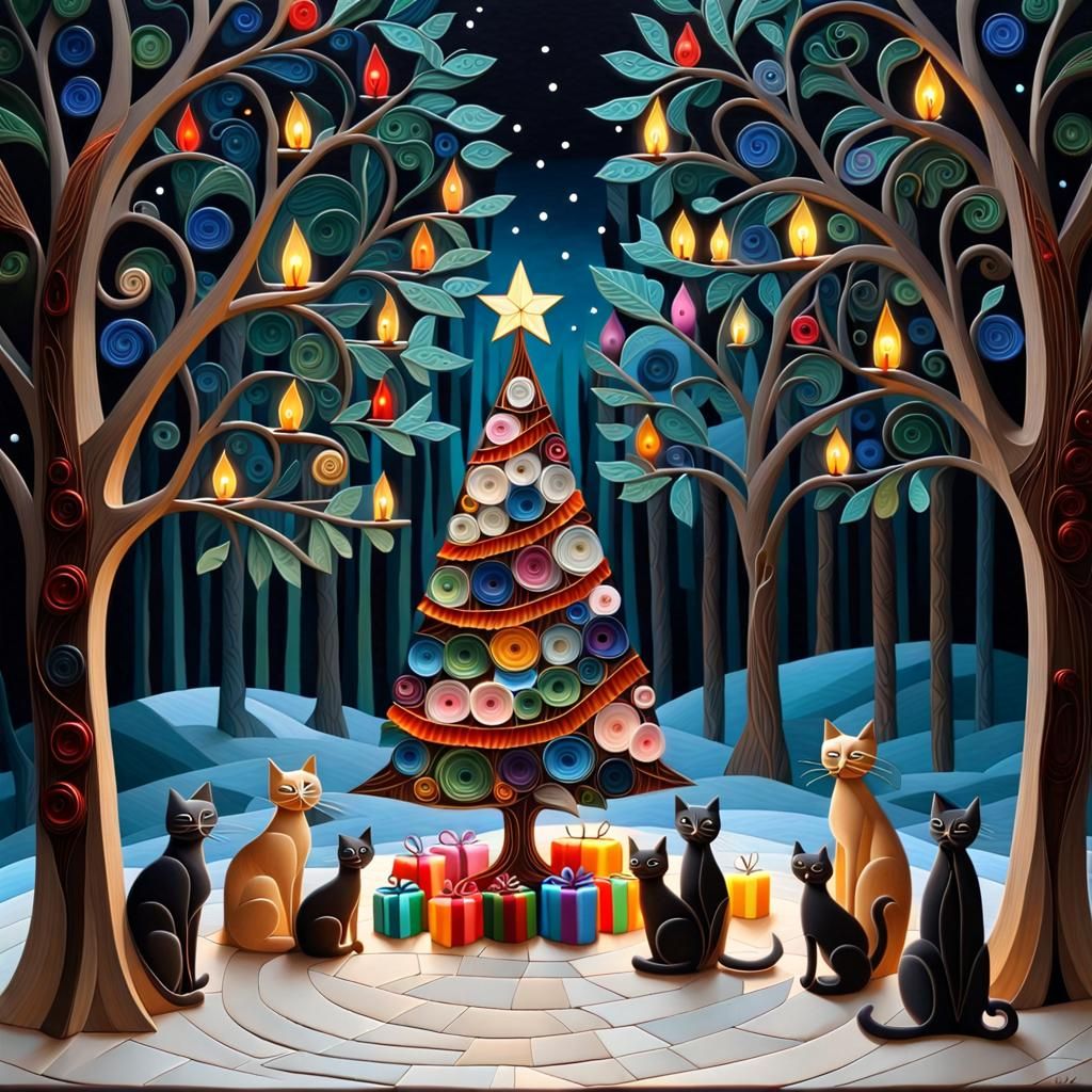 Festive Cats Celebrate Christmas in Stained Glass Style