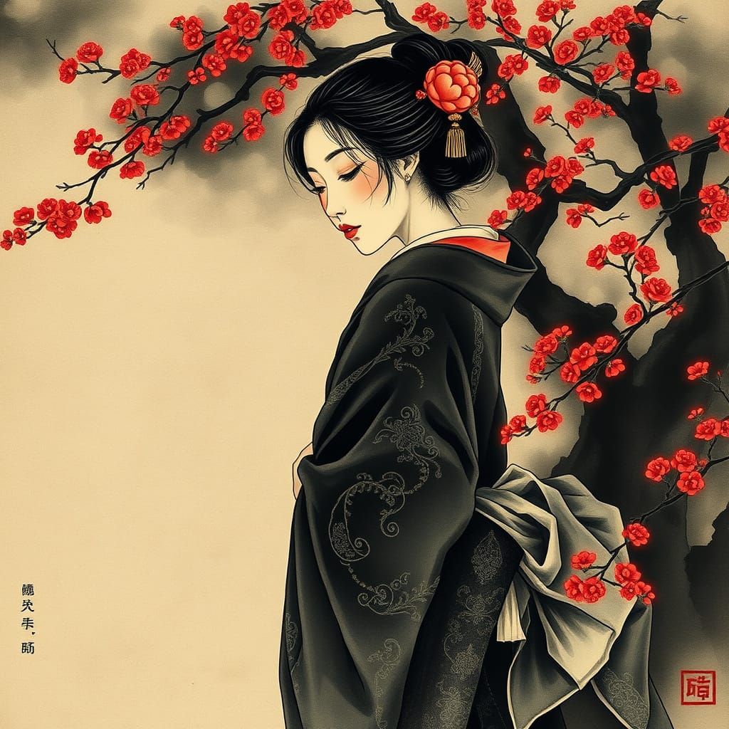 Serene Woman in Sumi-e Landscape