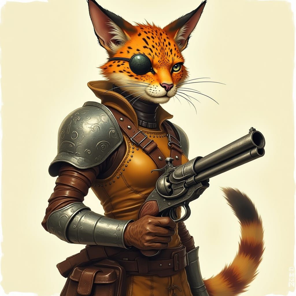 Vibrant Tabaxi Paladin in Leather Armor Wields Flintlock Pis...