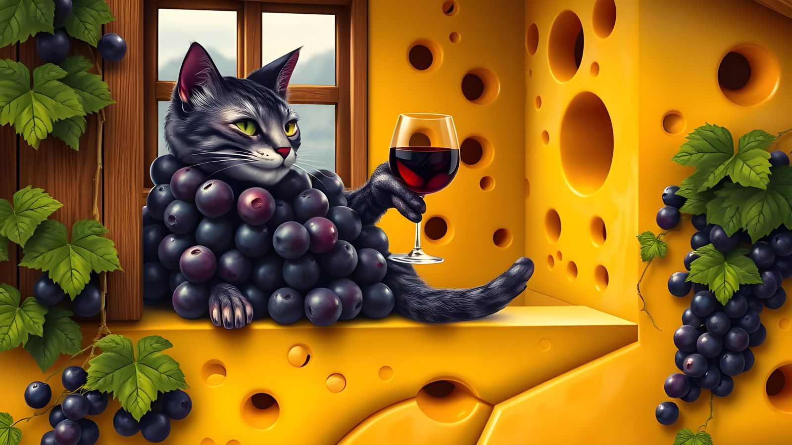 Grape Cat Sips Wine in Swiss Cheese Mansion