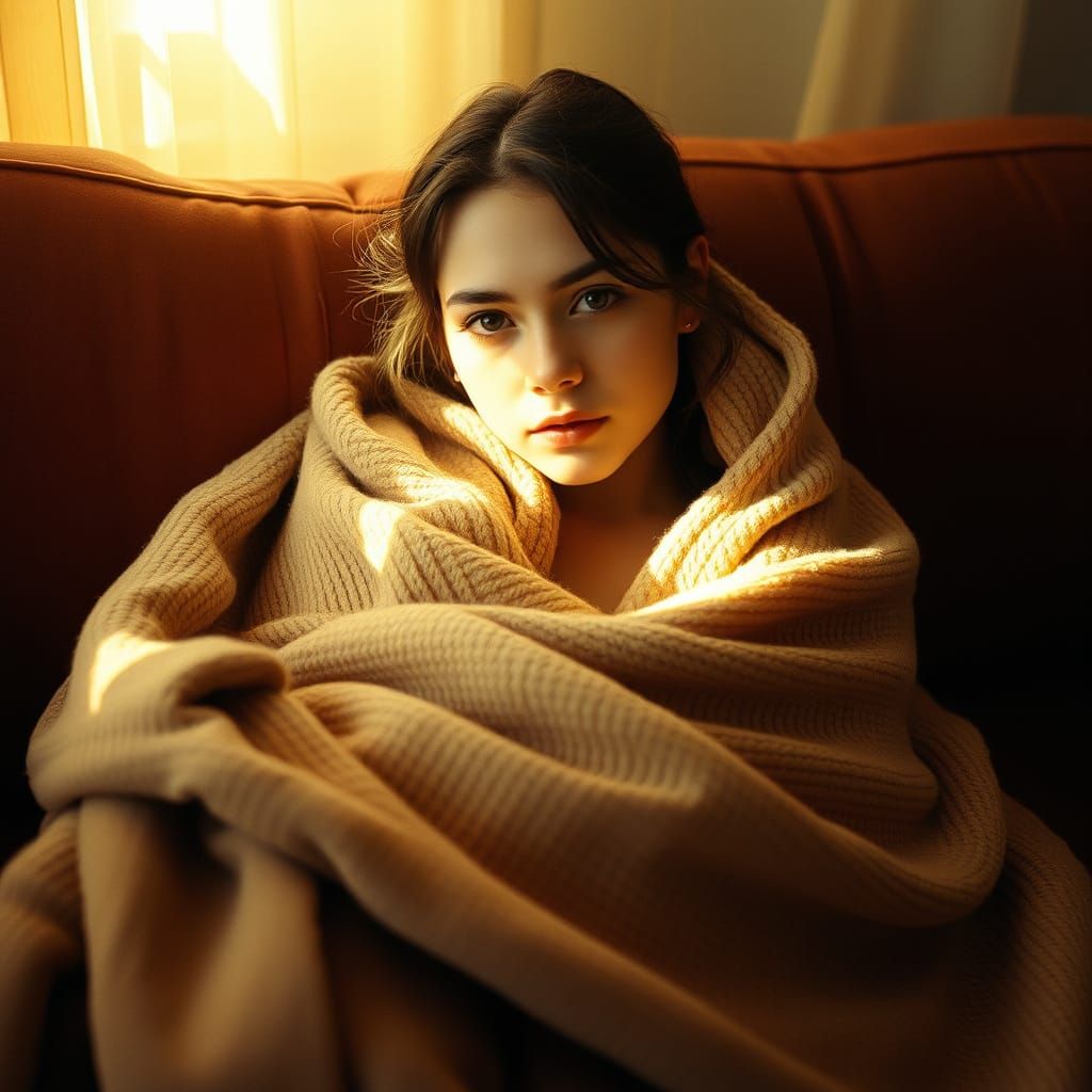 Young Woman Wrapped in Warmth and Intimacy