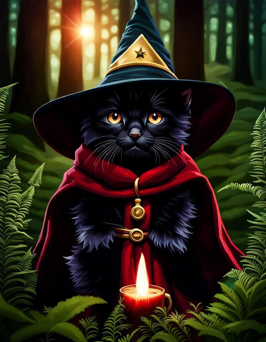Black Kitten Wizard in Atmospheric Forest