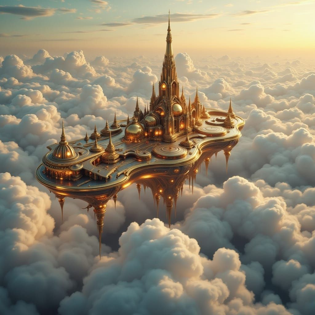 Colossal Floating Fortress Above Clouds in Golden Light