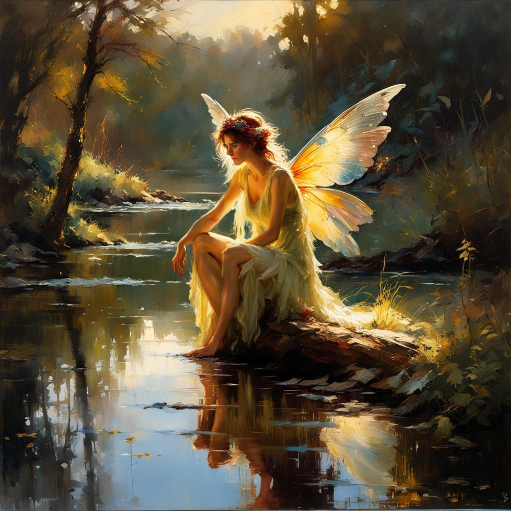 Enchanting Woodland Fairy by Lake at Sunset