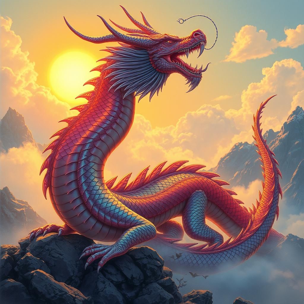 Iridescent Dragon Over Misty Mountains, Ethereal Illustratio...