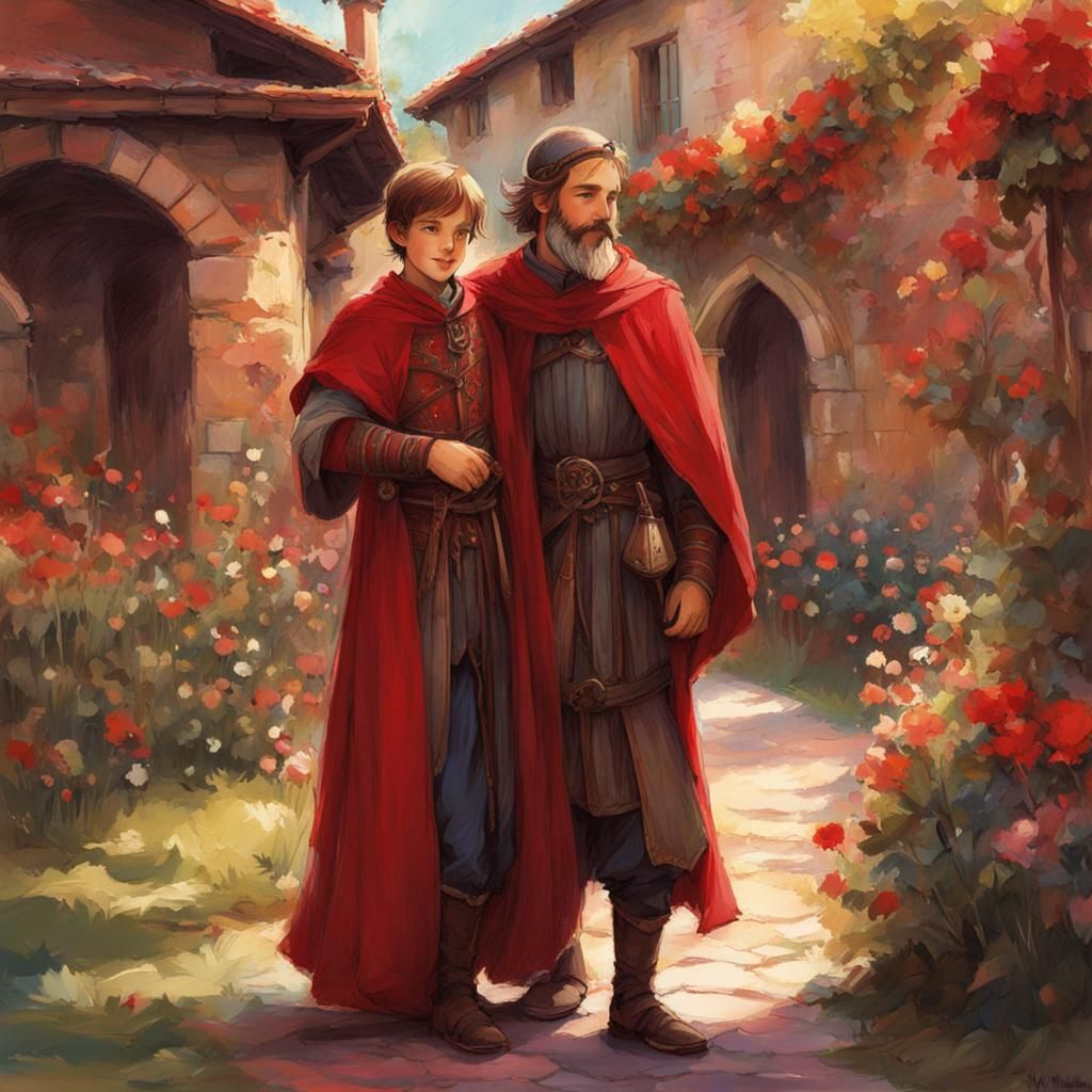 Cheerful Father and Son in Fairytale Garden