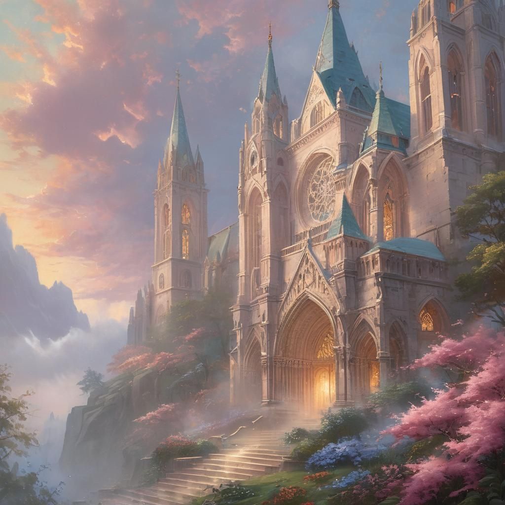 Ethereal Cathedral in Swirling Mist: Fantasy Art