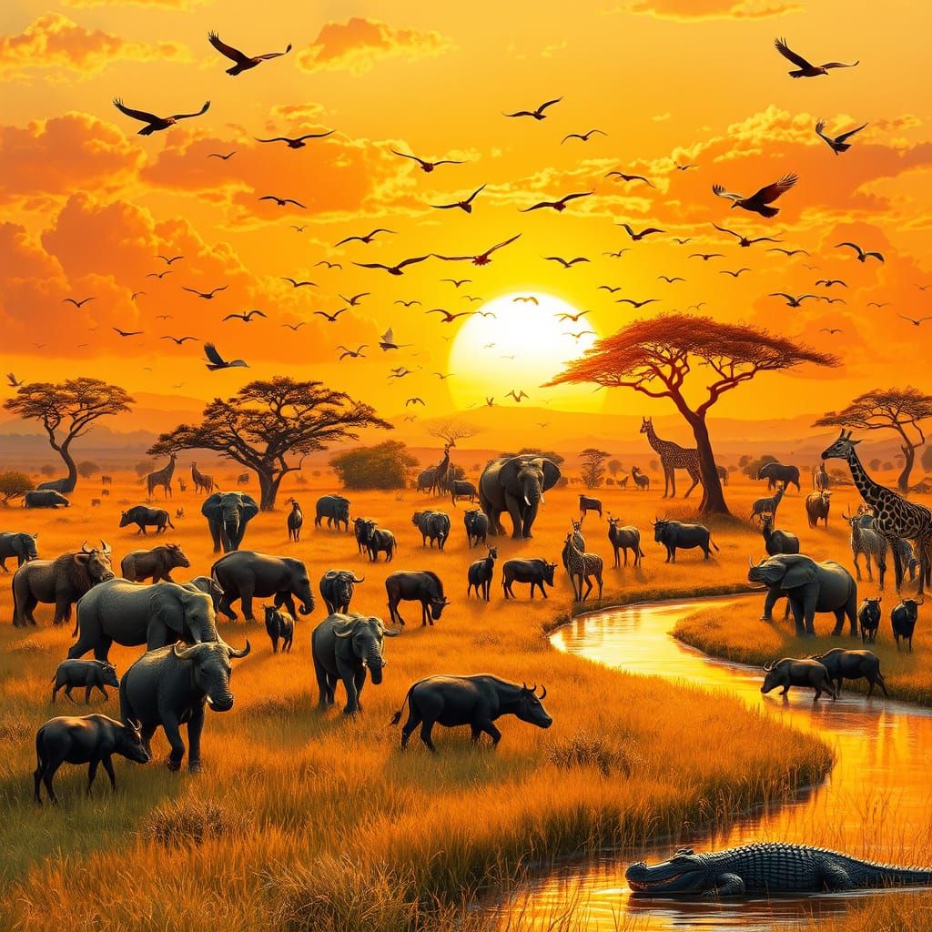 Golden Light on African Savannah with Majestic Wildlife