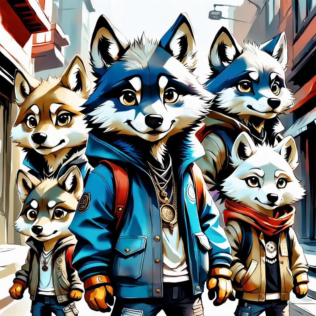 Adorable Chibi Wolf Pack in Urban Style
