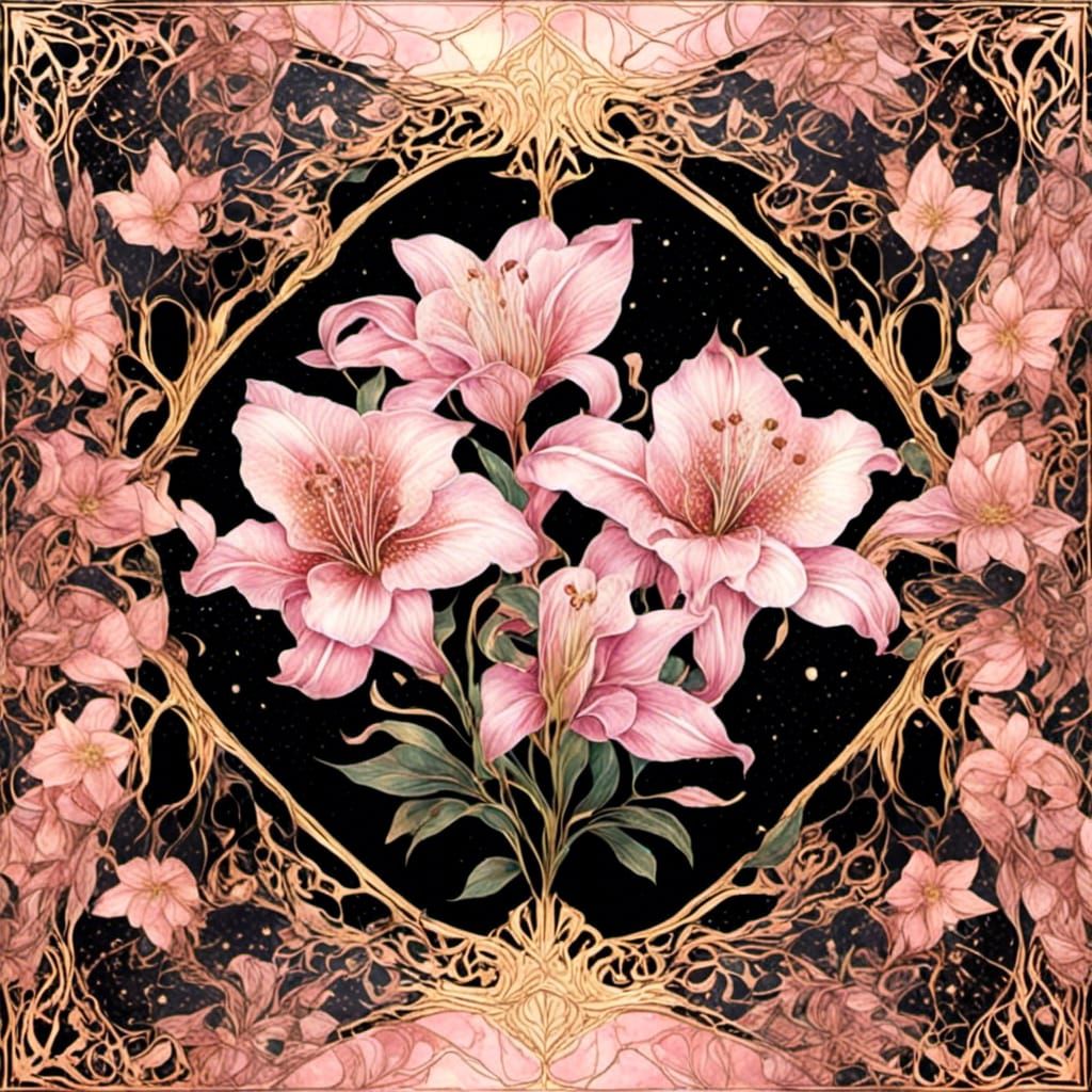 Art Nouveau Lilies in Gold Filigree Frame