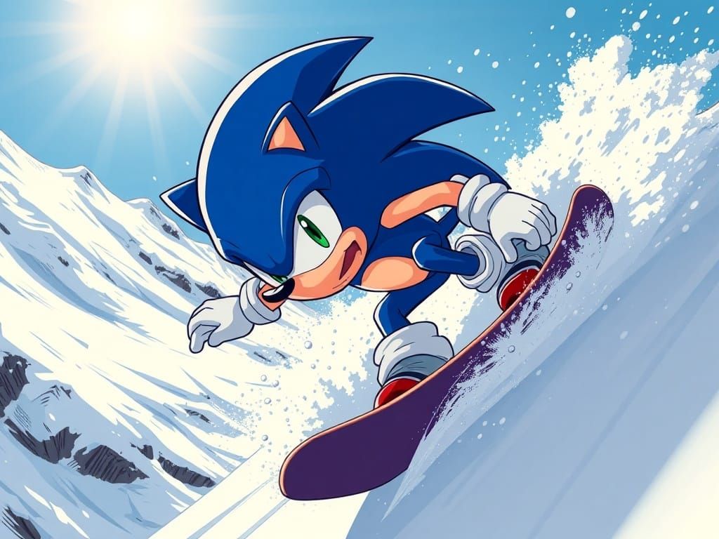 Sonic Snowboarding Down Snowy Mountain in Anime Style
