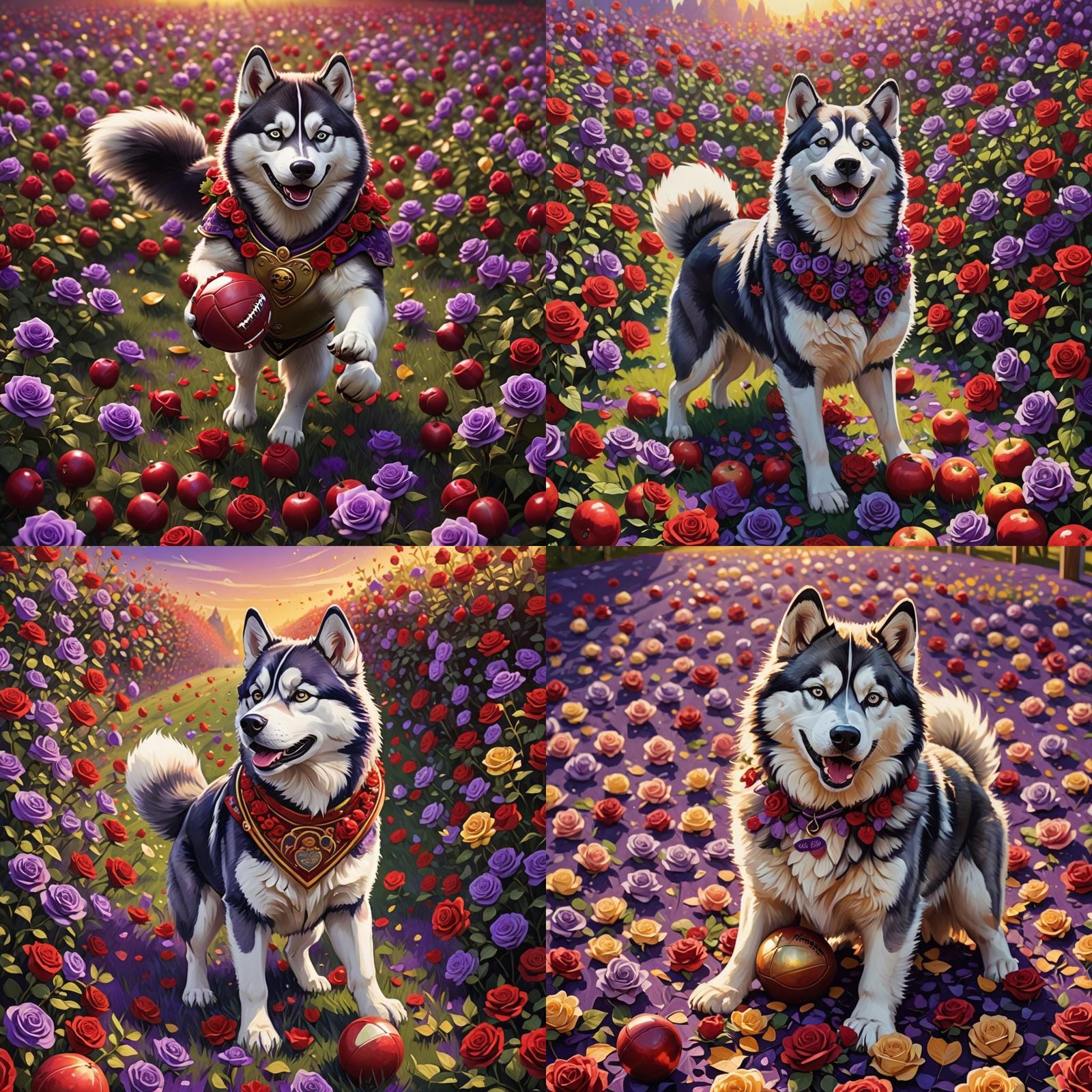 Whimsical Husky Mascot in Fantastical Football Field