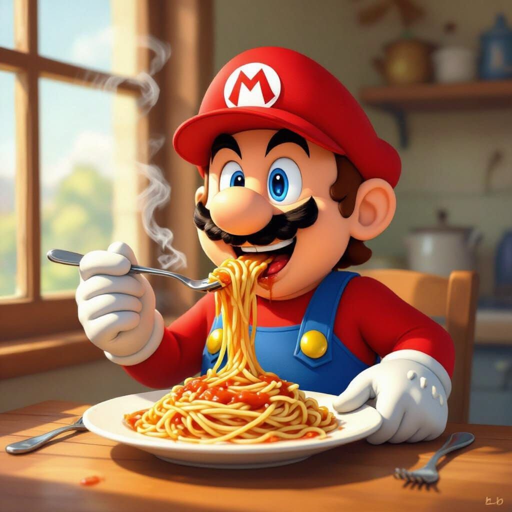 Mario Joyfully Eats Spaghetti in Studio Ghibli Style