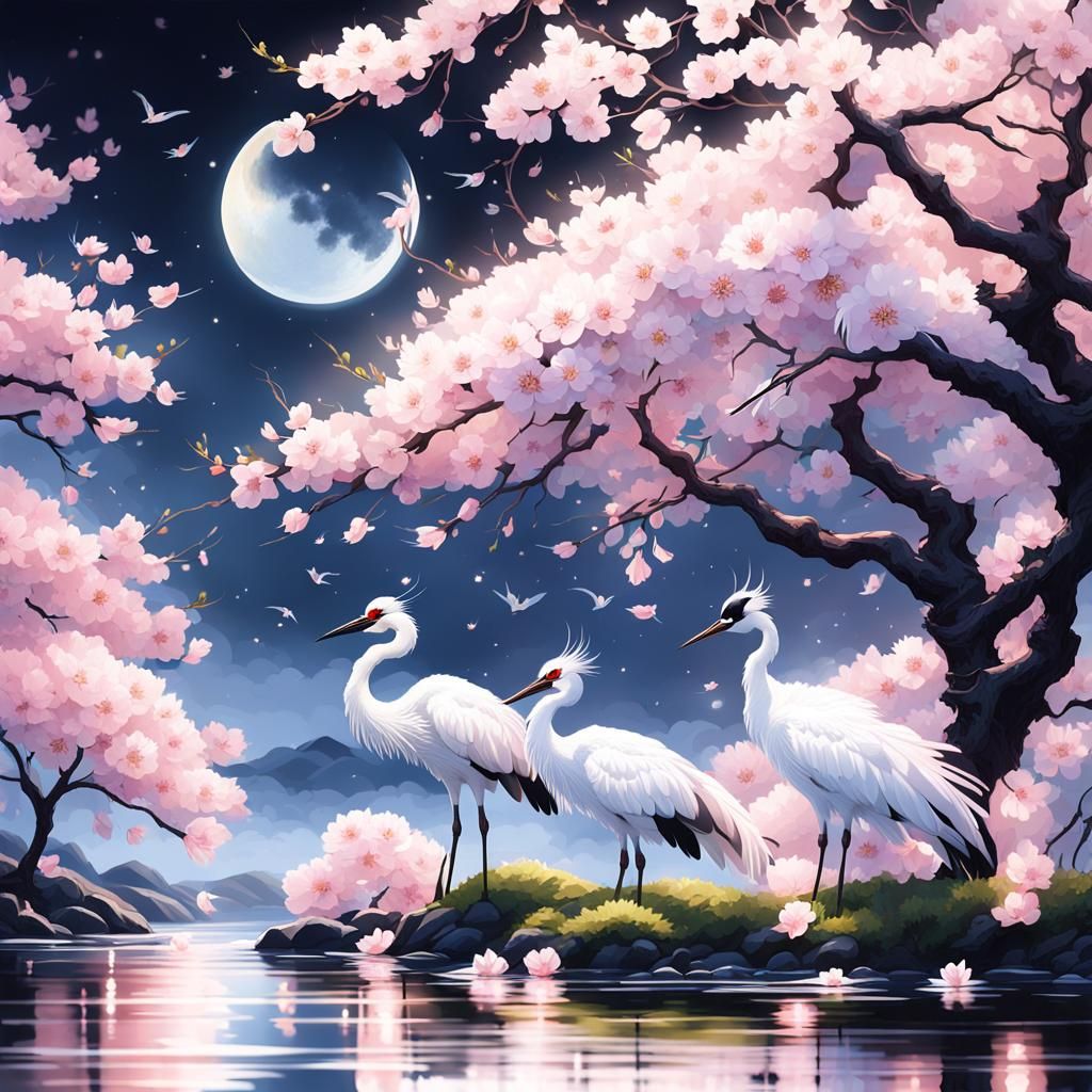 Serene Cherry Blossom Tree with Cranes