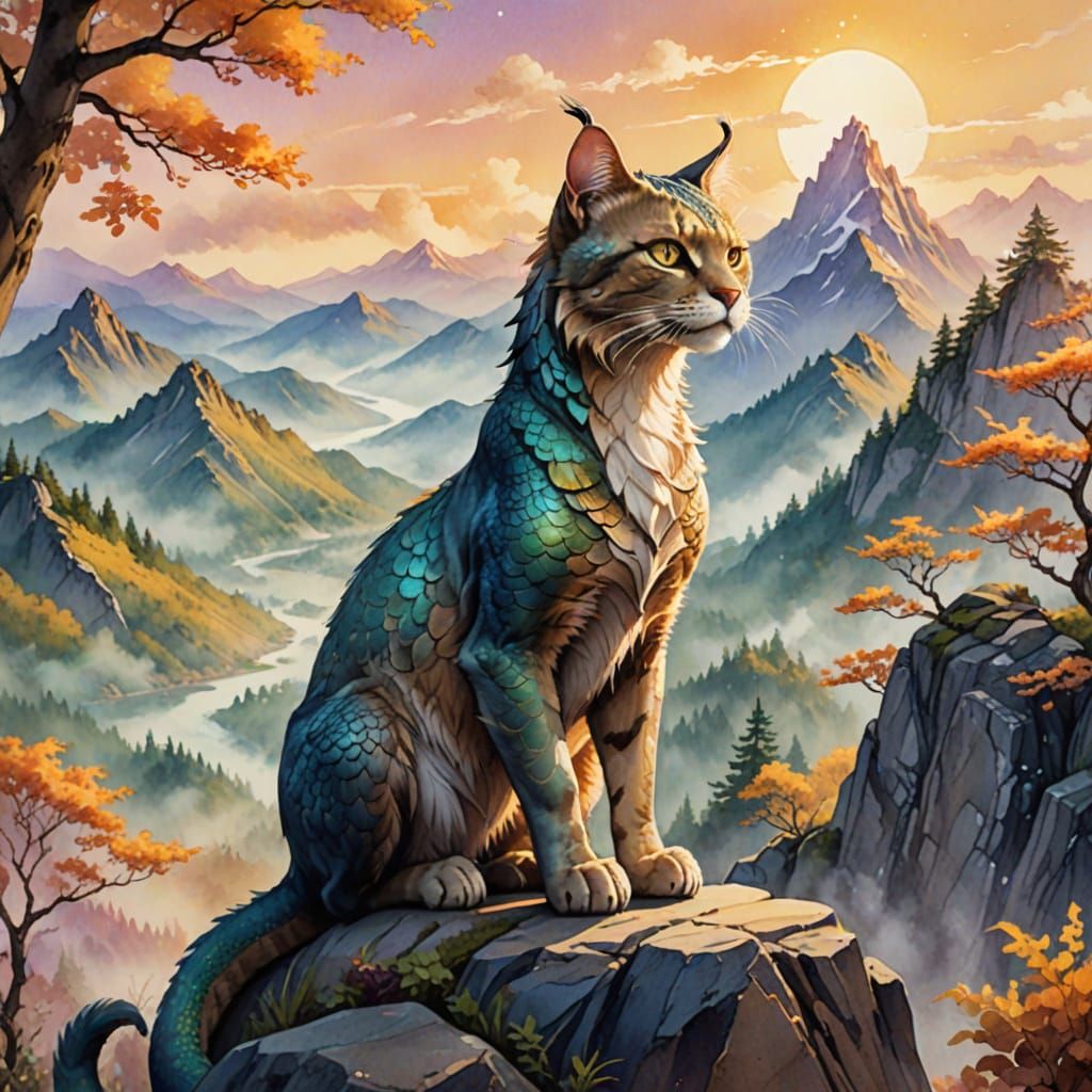 Whimsical Cat-Dragon Amidst Majestic Asian-Inspired Landscap...