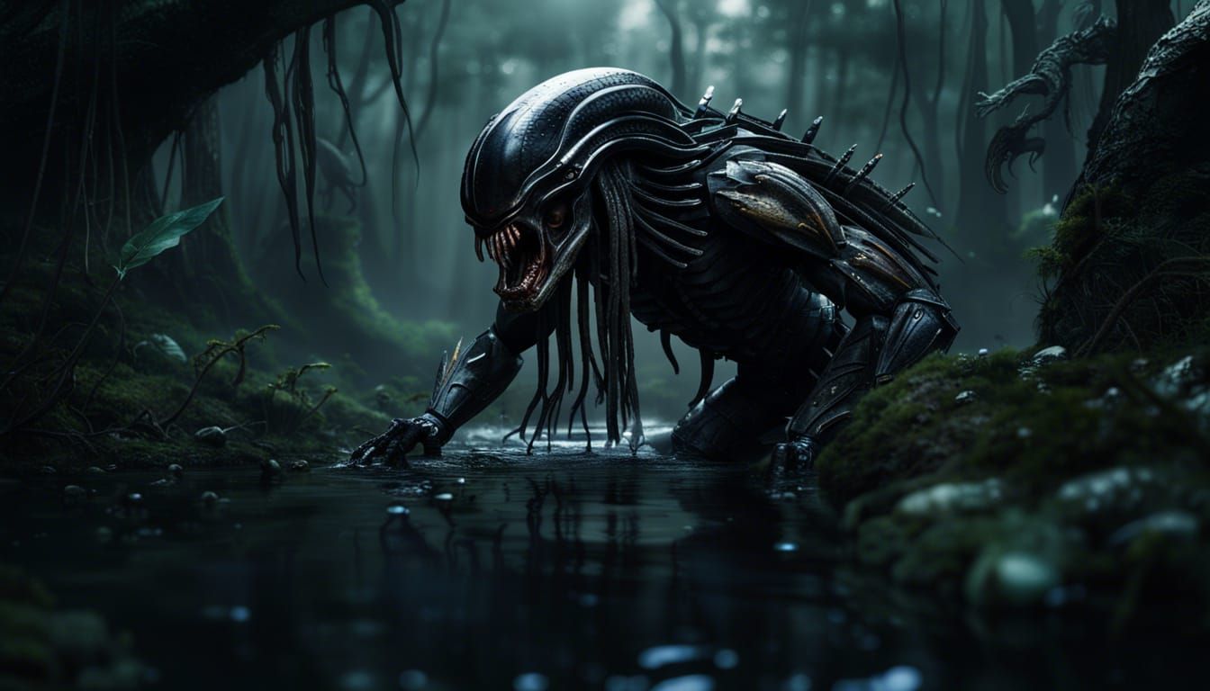 Predator vs Xenomorph in Gloomy Forest