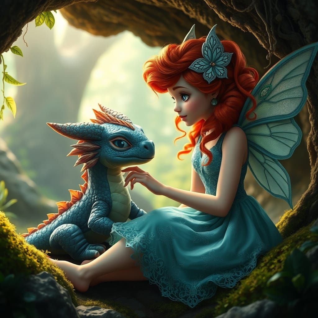 Enchanting Whimsy in a Forest Cave: A Fairy and Baby Dragon