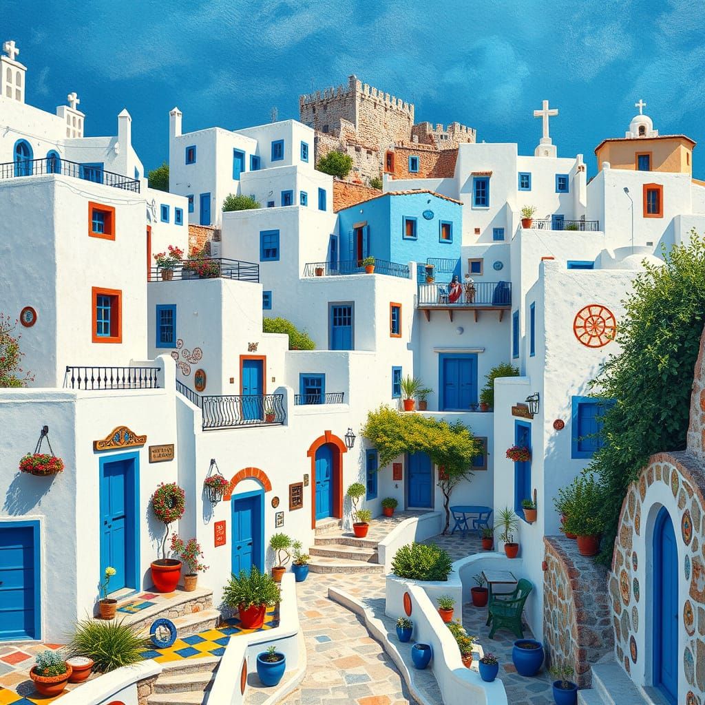 Whimsical Mediterranean Village Scene in Mosaic Style