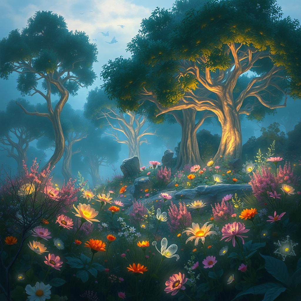 Bioluminescent Flora and Fauna in Twilight Landscape