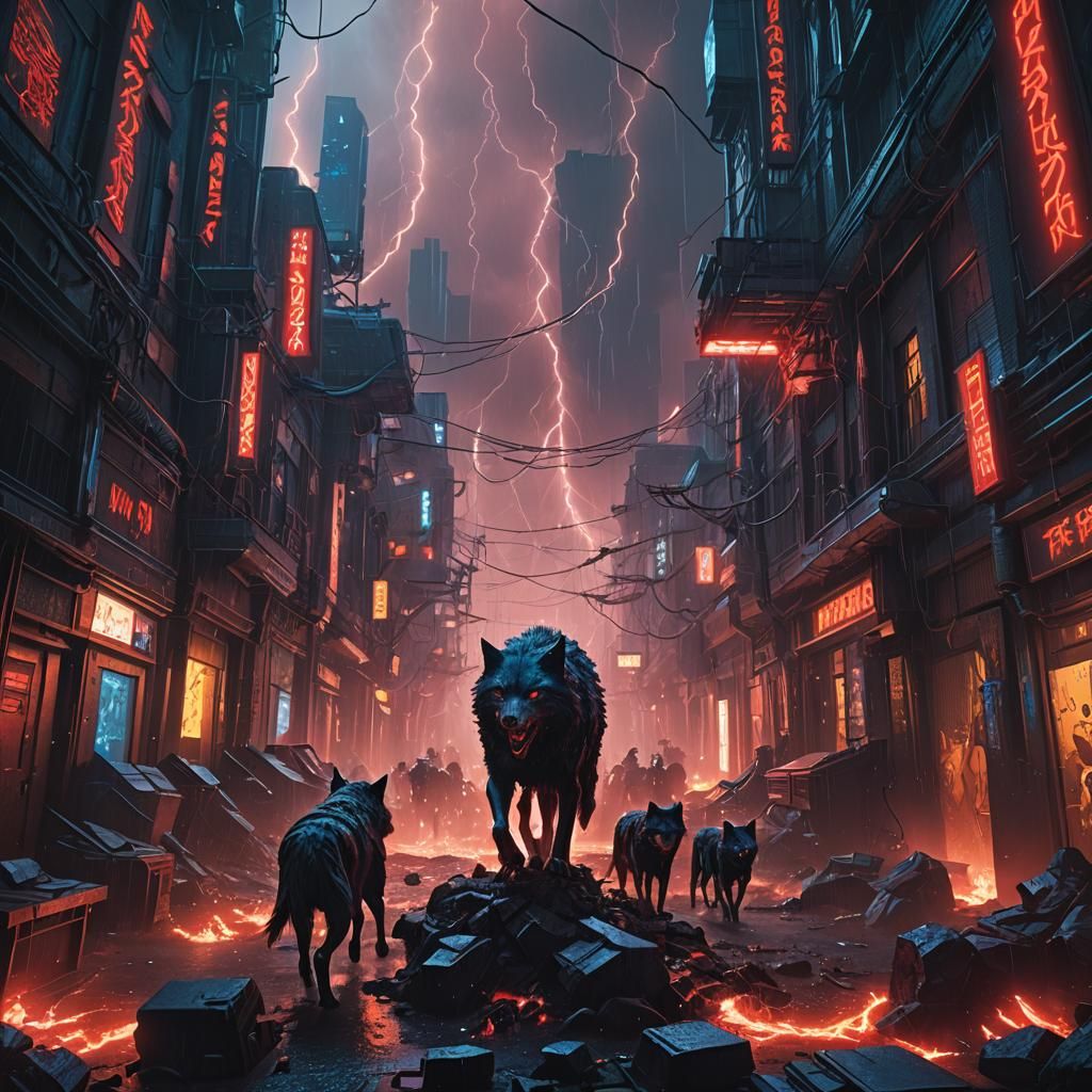 Sinister Cyberpunk Wolf in a Stormy Underworld