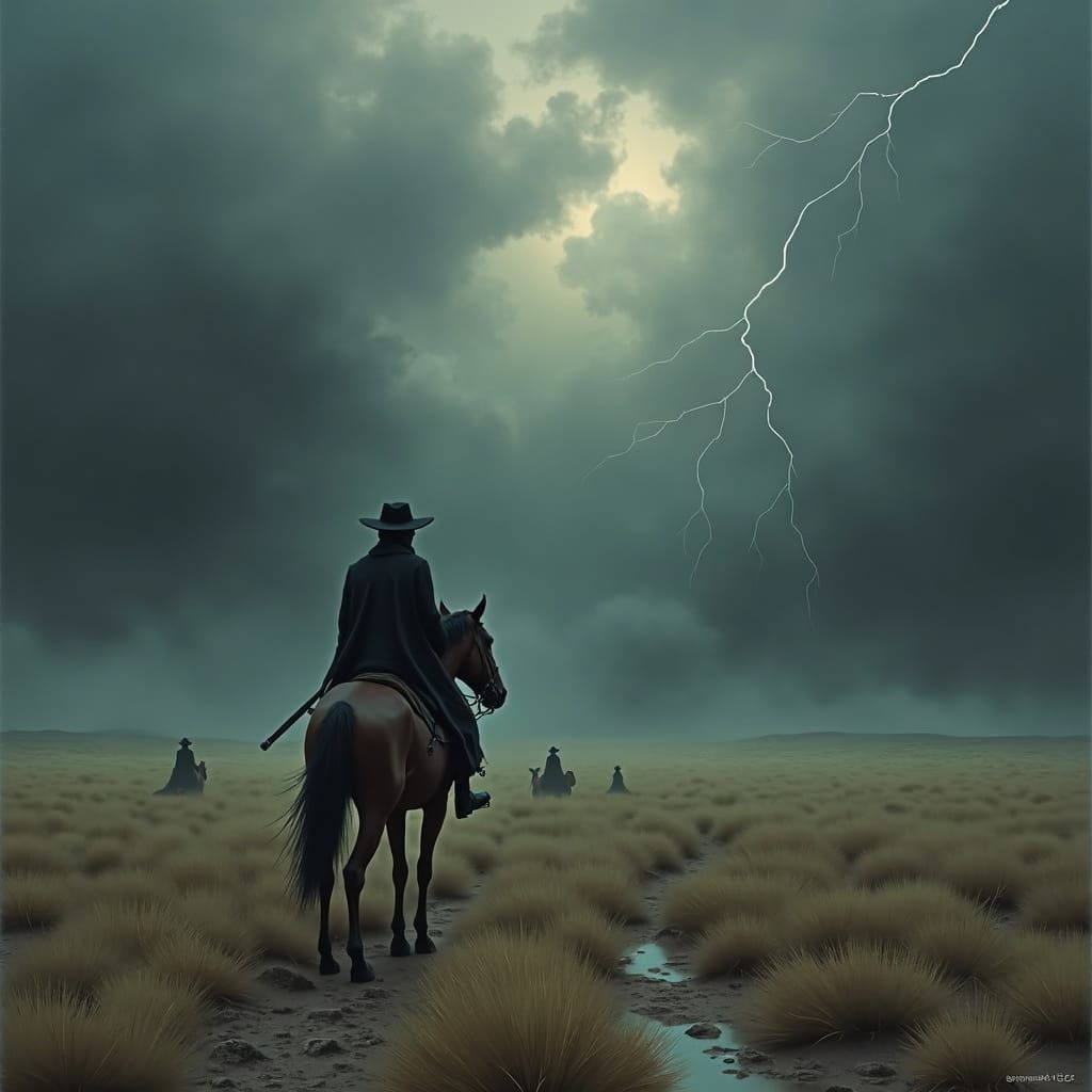 Horse Riders in Stormy Desert, Dark Surrealism