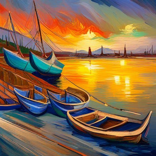 A painting in the style of Van Gogh. Ship port with sailboats near the beach.