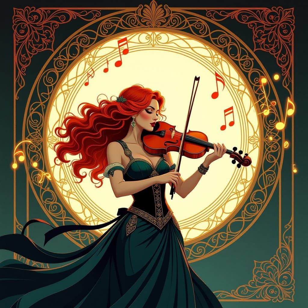 Highlander Femme Fatale Plays Bagpipes in Art Nouveau Portal