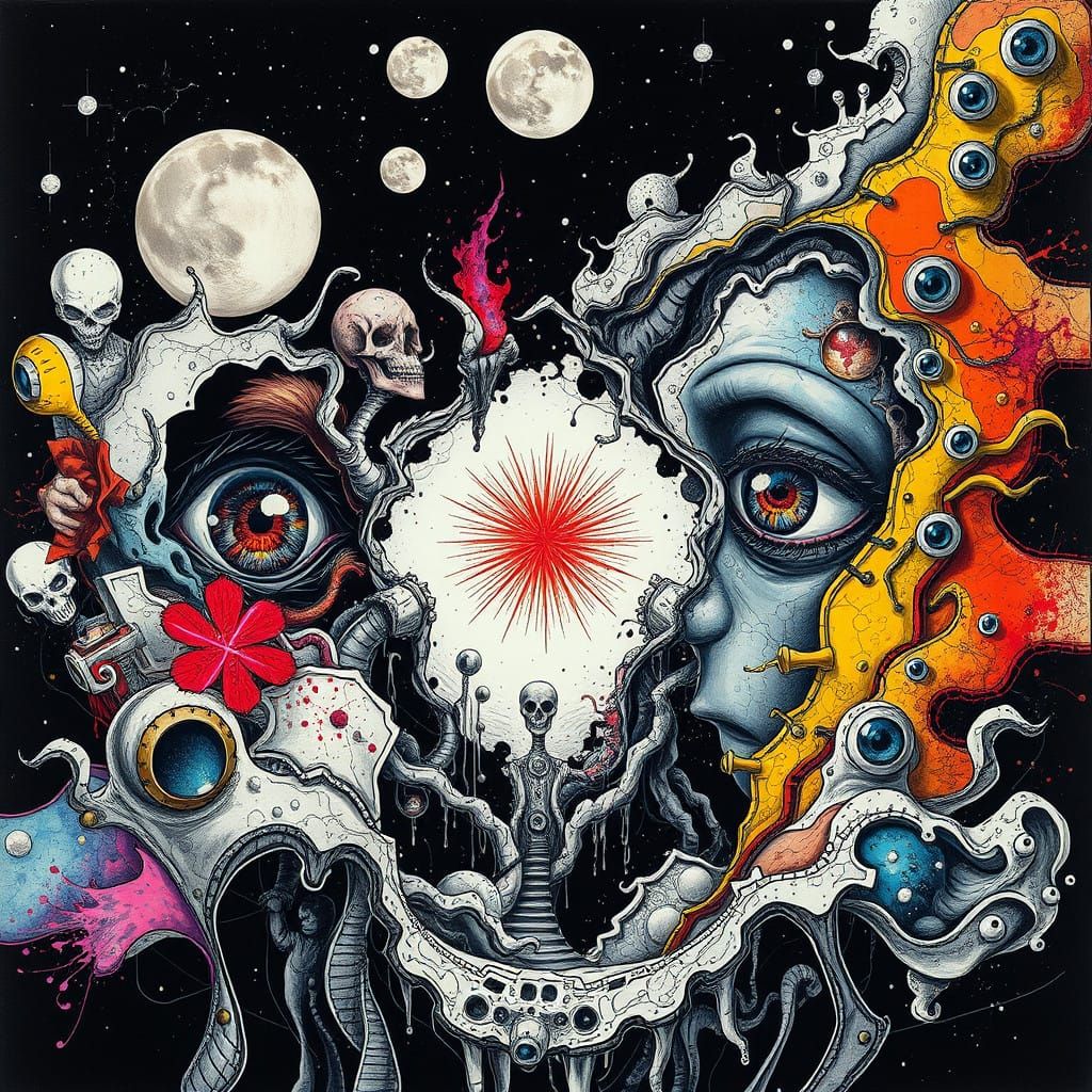 Surreal Anime Dreamscape with Cubist Patterns and Vibrant Co...