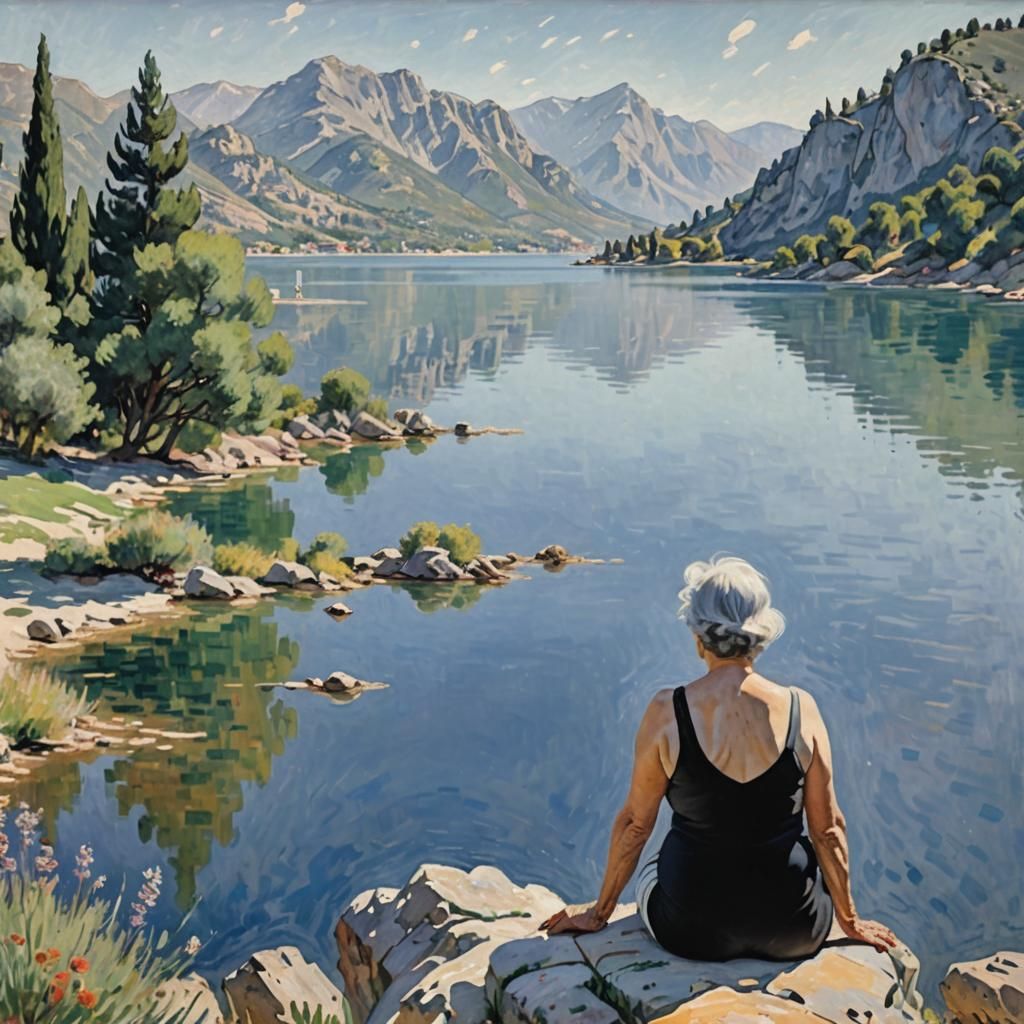 Impressionist Woman Relaxing by Picturesque Lake