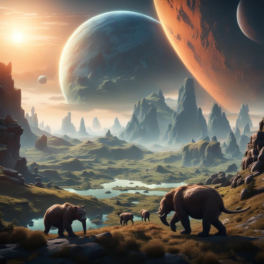 Peaceful Alien Planet with Giant Mammals in 3D
