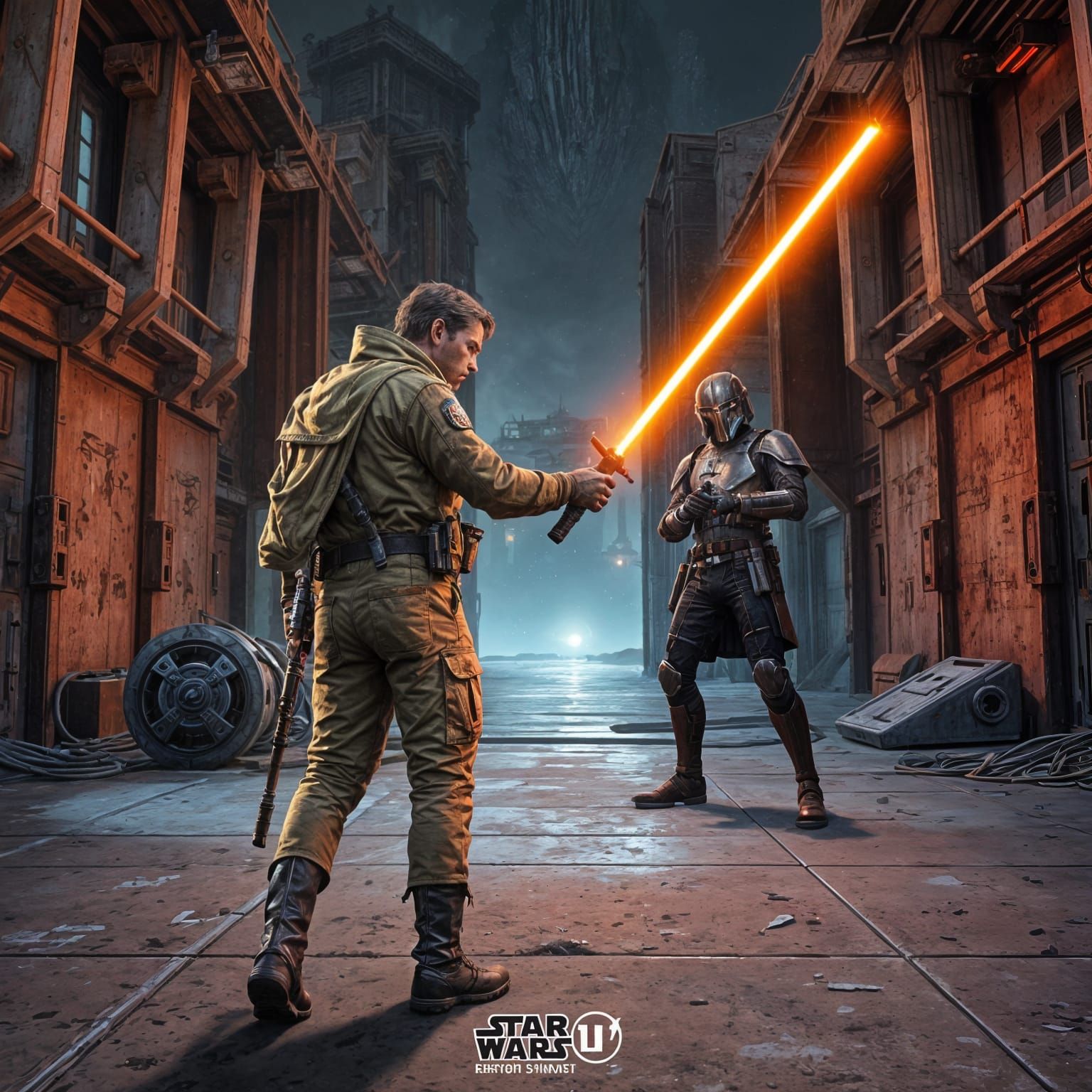 Weary Jedi Confronts Bounty Hunter in Run-Down Starport