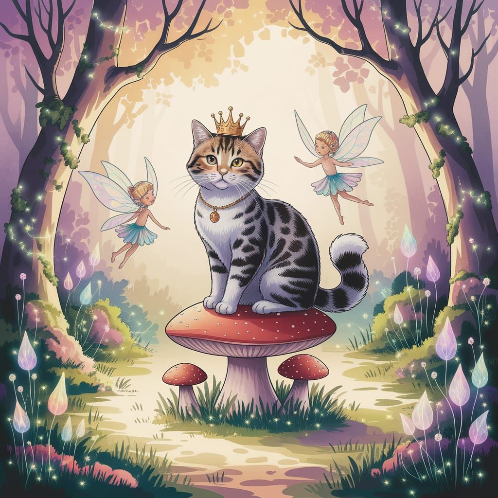 Regal Cat on Mushroom Throne in Enchanted Forest