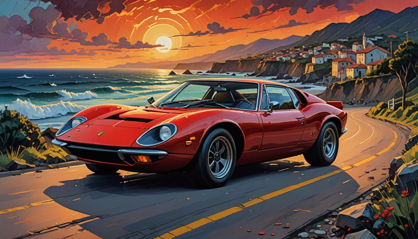 Lamborghini Miura on Coastal Road as Impasto Painting
