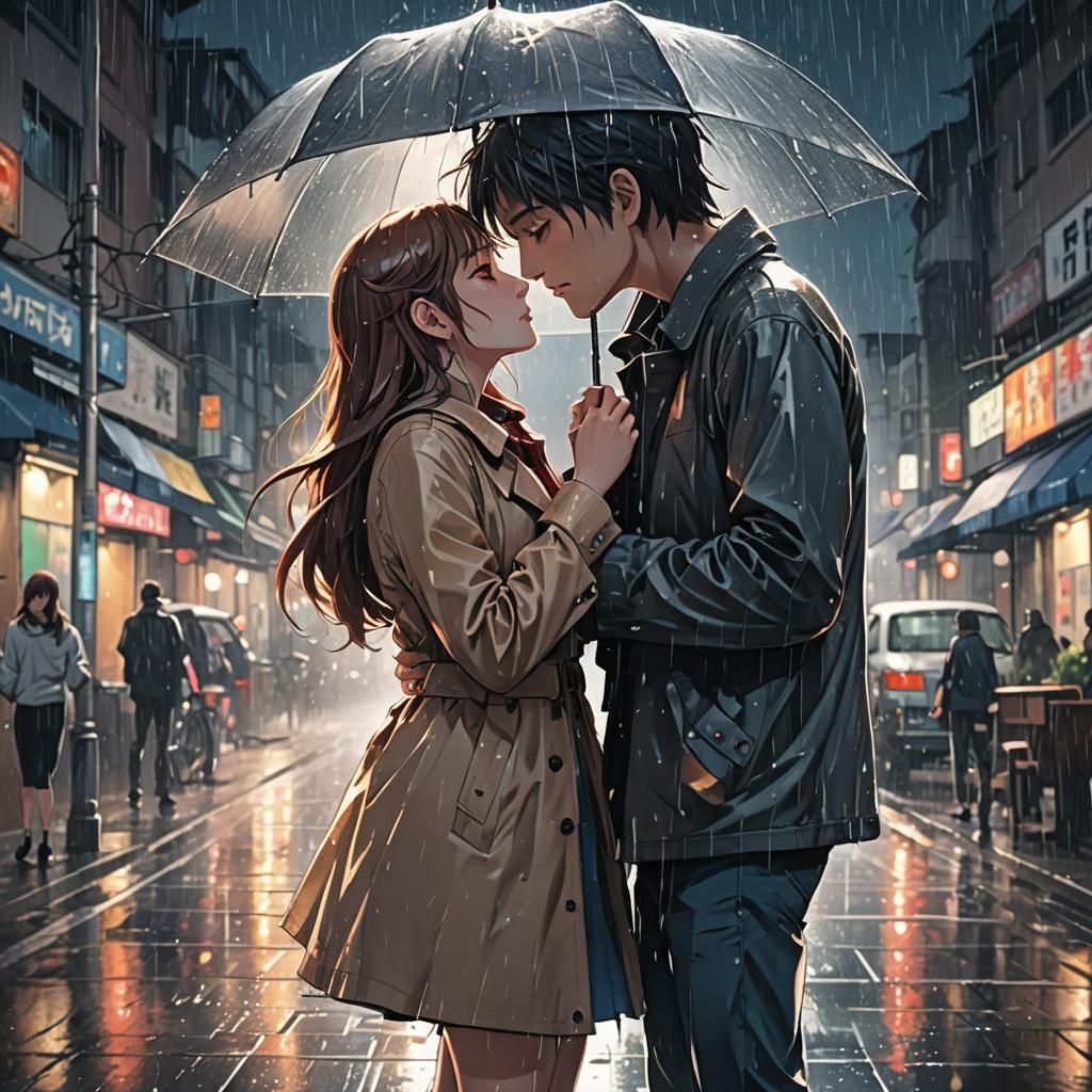 Romantic Kiss in Rain, Anime Style Illustration