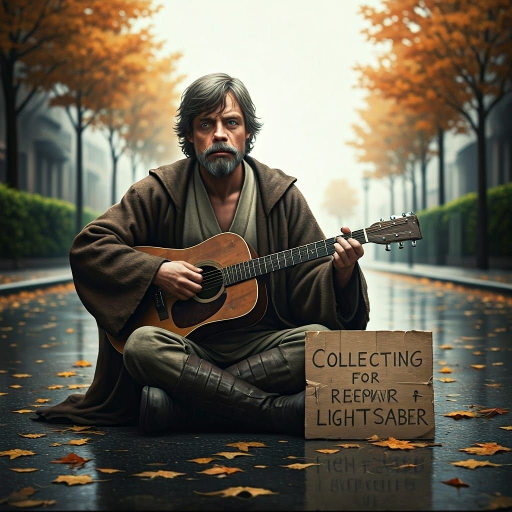 Luke Skywalker Plays Guitar on Rainy Autumn Street, Lightsab...