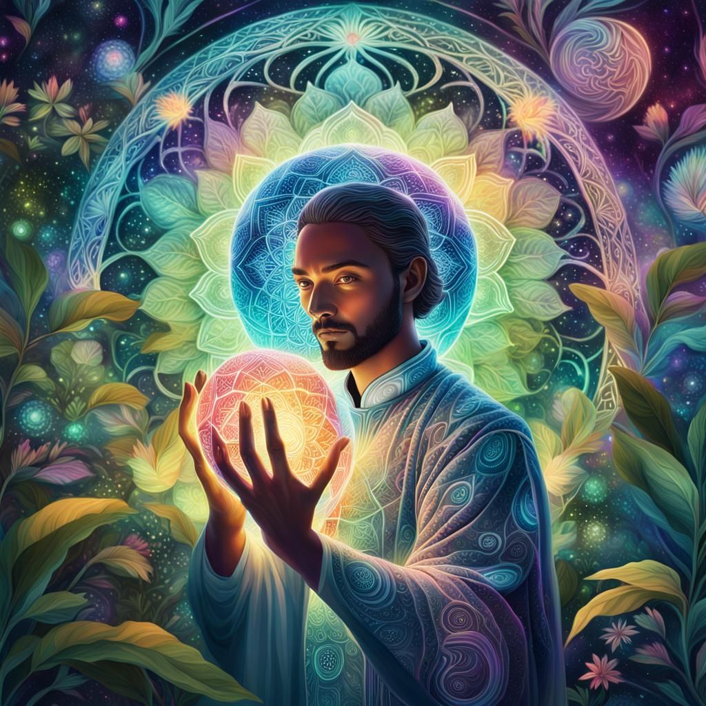 Cosmic Artist Touching Ethereal Orb in Holographic Art