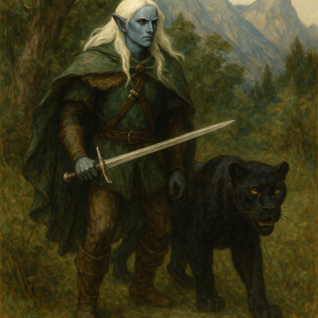Drizzt and Guenhwyvar Ready for Combat, in Waterhouse Style