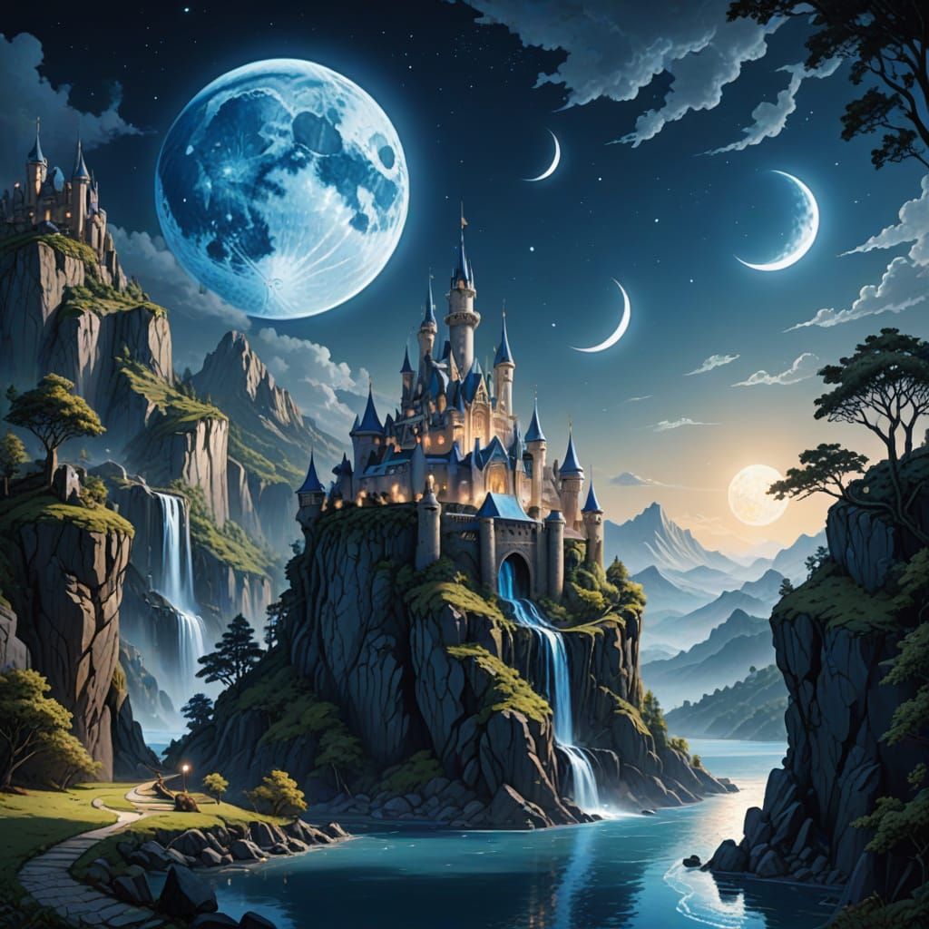 Fantasy Landscape Digital Art with Crescent Moon and Castle