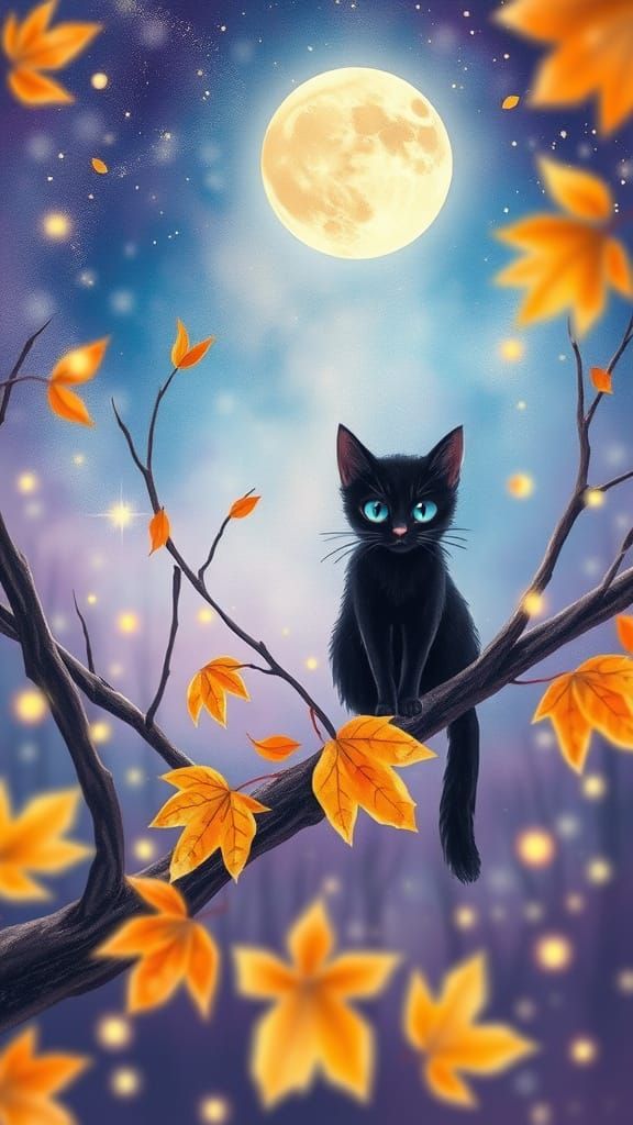 Black Cat on Branch Under Starry Sky, Autumn Glow