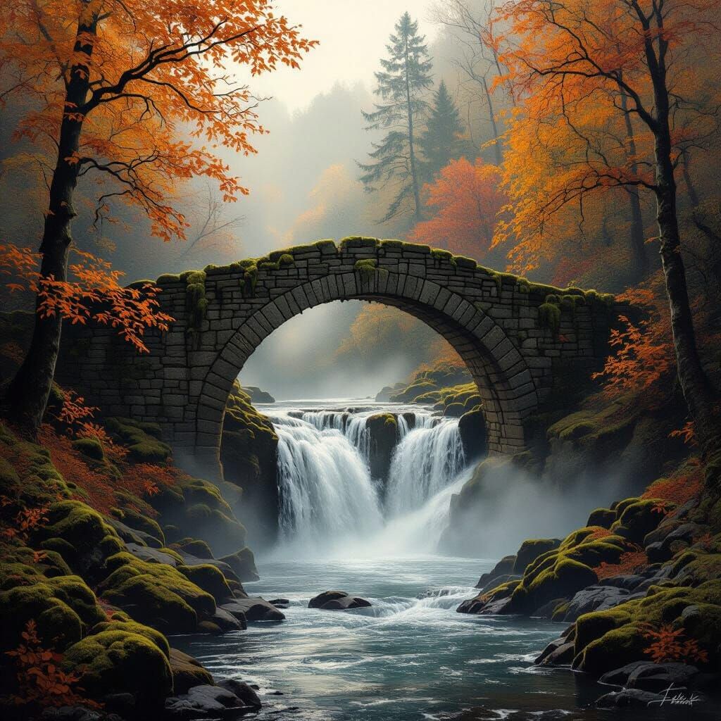 Misty Autumn Waterfall Over Ancient Stone Bridge